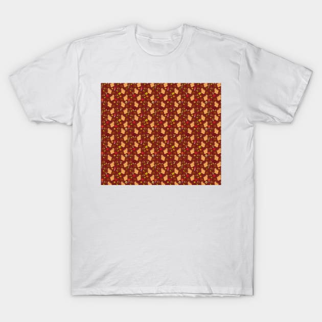 Red Brown Autumn Leaf Pattern T-Shirt by saradaboru